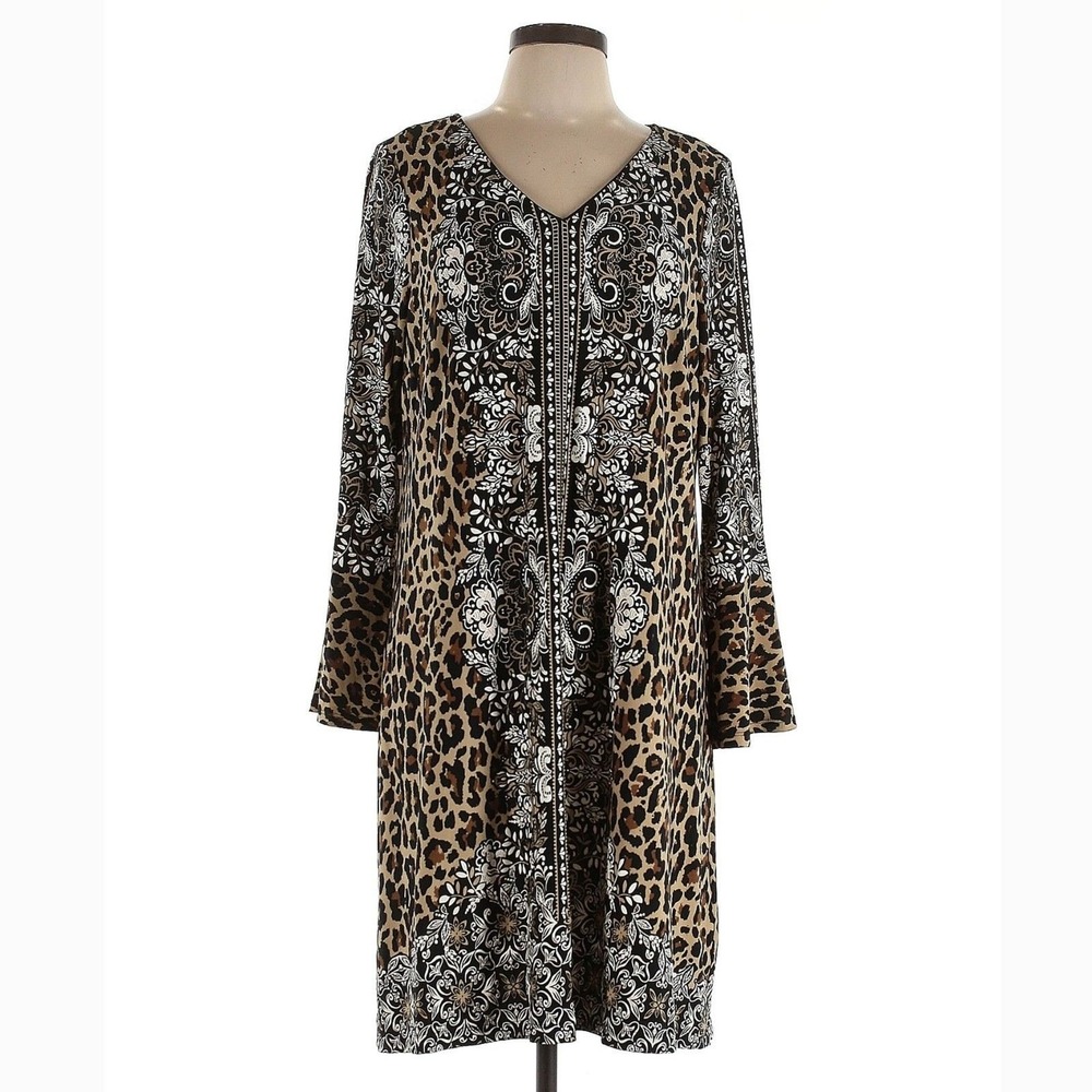 Robbie Bee Dress Women L Leopard Animal Midi Knit Stretch Bohemian Glam Regency